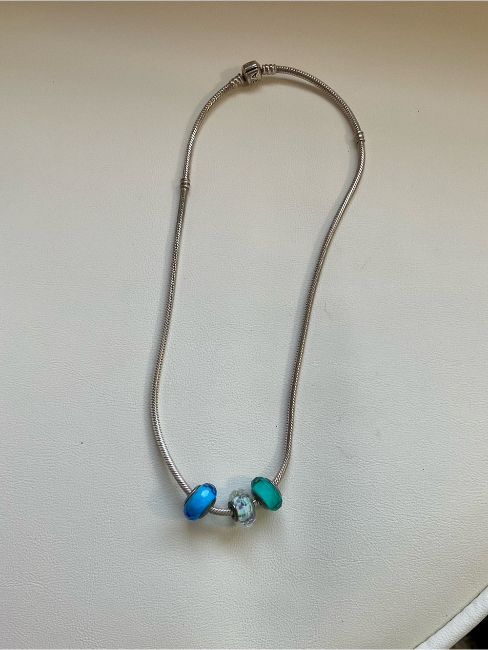 Pandora Silver Necklace with Blue, Aqua and  Purple n Green tinted beads